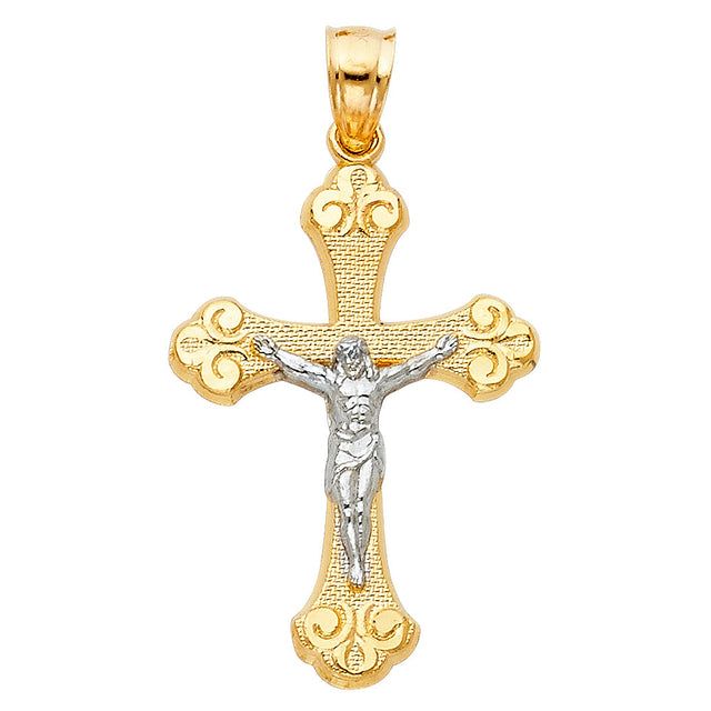 14K Two-Tone Gold Fleur-Tip Crucifix Pendant on white background - Italian Fashions