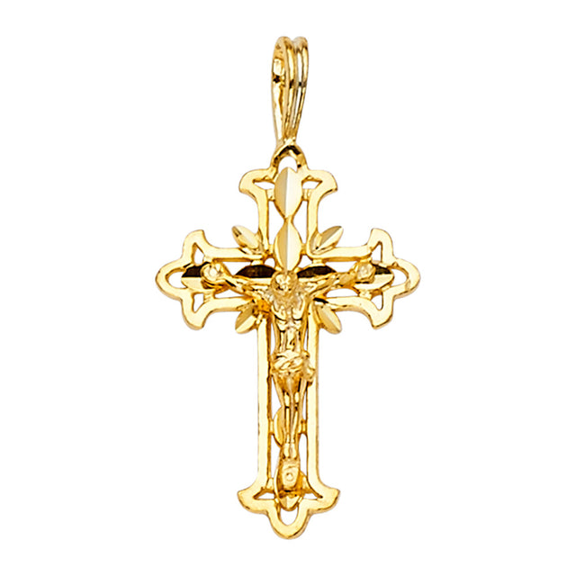 14K Yellow Gold Gothic Fretwork Crucifix Pendant on white background - Italian Fashions