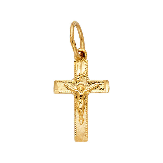 14K Yellow Gold Beaded Border Crucifix Pendant on white background - Italian Fashions