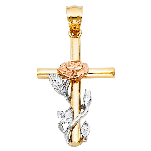 14K Tricolor Gold Rose-Wrapped Crucifix Pendant