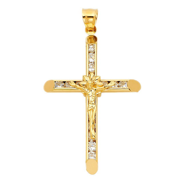 14K Yellow Gold Stone-Accented Bar Crucifix Pendant