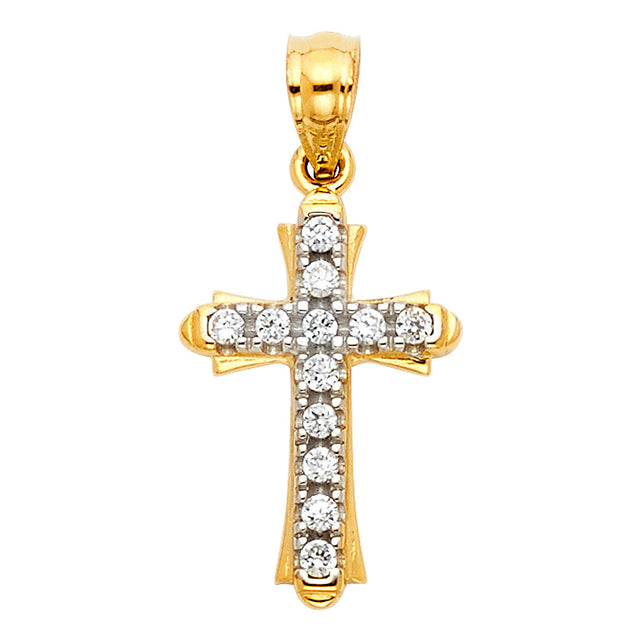 14K Two-Tone Gold Round-End Accented Cross Pendant