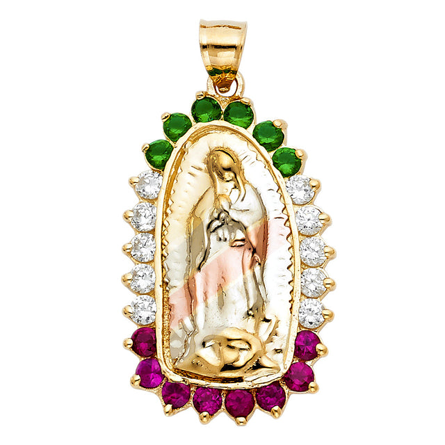 14K Tricolor Gold CZ Our Lady of Guadalupe Pendant