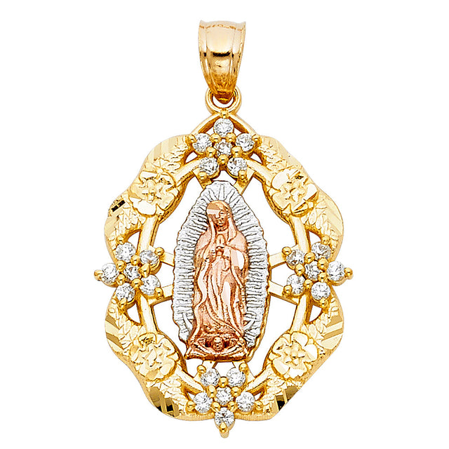 14K Tricolor Gold CZ Our Lady of Guadalupe Pendant
