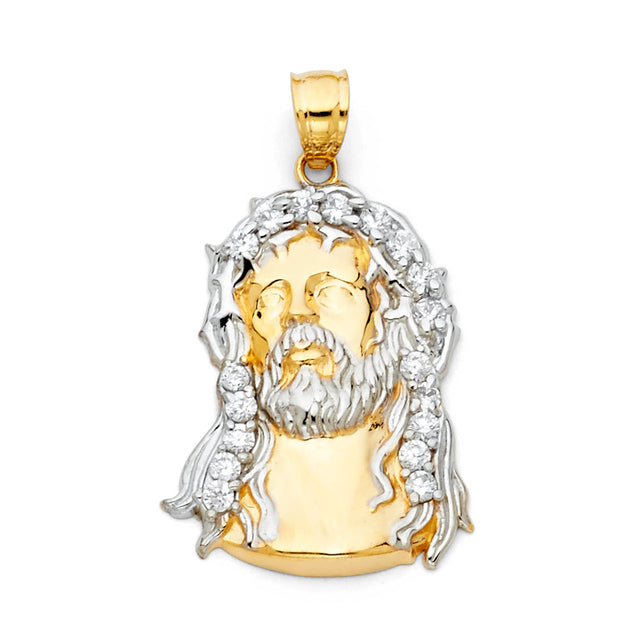 14K Two-Tone Gold CZ Jesus Christ Head Pendant