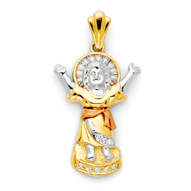 14K Tricolor Gold CZ Divine Infant Jesus Pendant