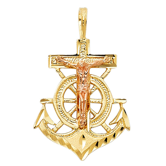 14K Two-Tone Gold Crucifix Anchor Pendant