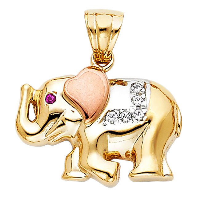 14K Tricolor Gold CZ Elephant Pendant