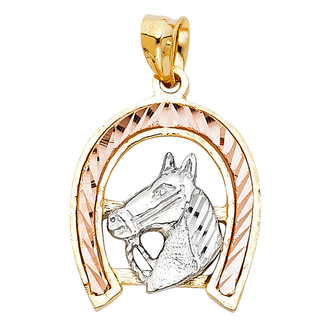 14K Tricolor Gold Horse Head Horseshoe Pendant on White Background