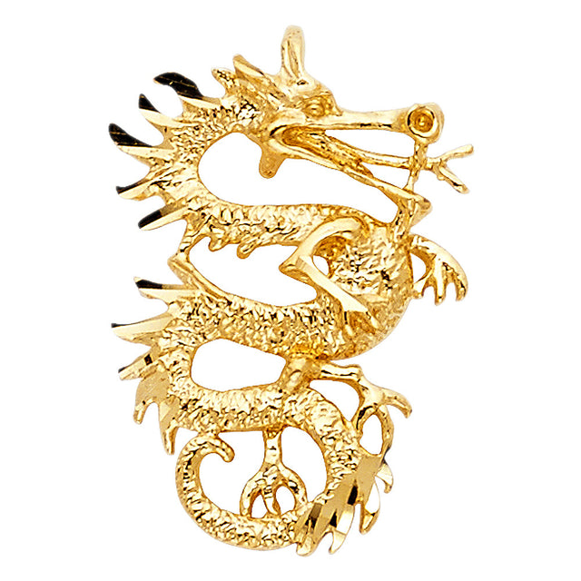 14K Yellow Gold Dragon Pendant on White Background