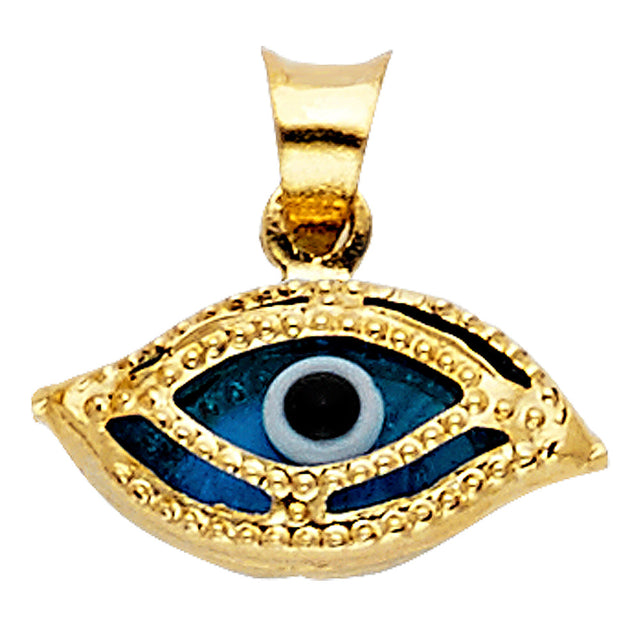 14K Yellow Gold Marquise Enamel Evil Eye Pendant on White Background