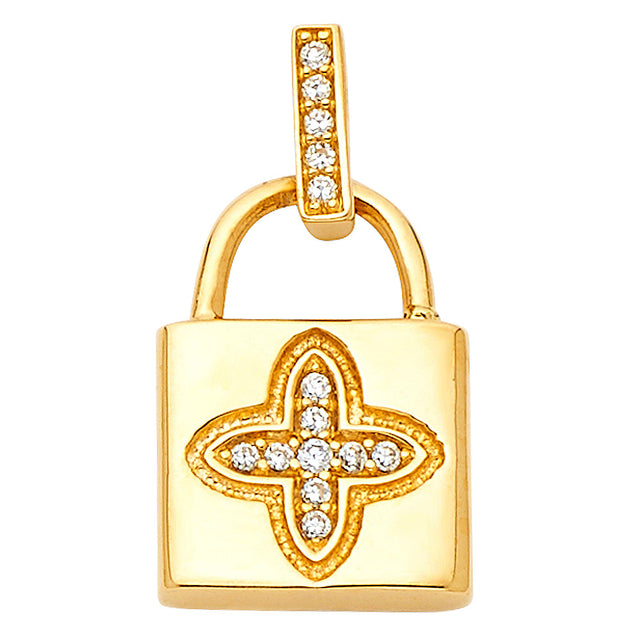 14K Gold Clover Padlock Pendant on White Background