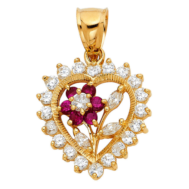 14K Yellow Gold Heart with Flower Pendant on White Background