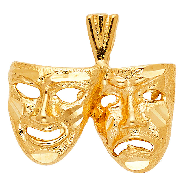 14K Yellow Gold Comedy & Tragedy Masks Pendant on White Background
