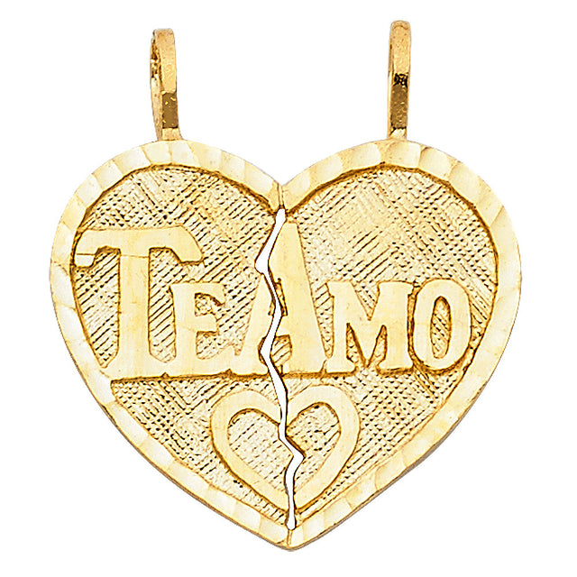 14K Yellow Gold Openwork Te Amo Break-Apart Heart Pendant on White Background
