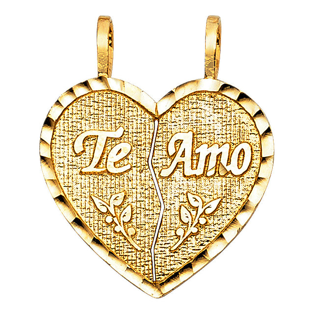 14K Yellow Gold Large Textured Te Amo Break-Apart Heart Pendant on White Background