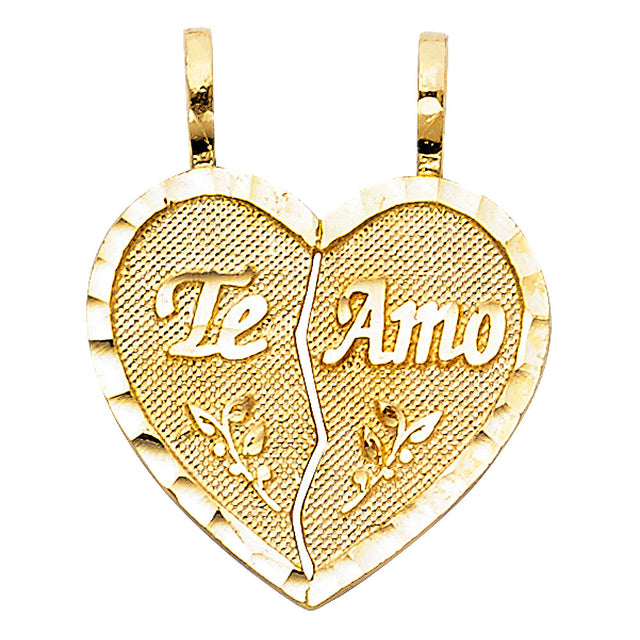 14K Yellow Gold Small Textured Te Amo Break-Apart Heart Pendant on White Background