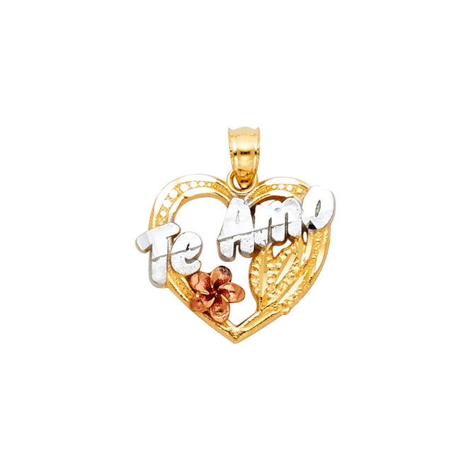 14K Tricolor Gold Rose-Accent Te Amo Heart Pendant on White Background