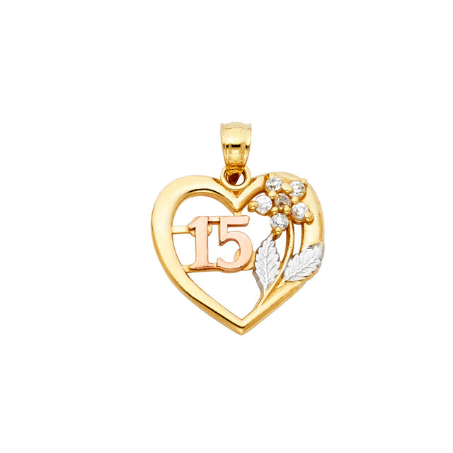 14K Tricolor Gold CZ 15 Years Heart Pendant