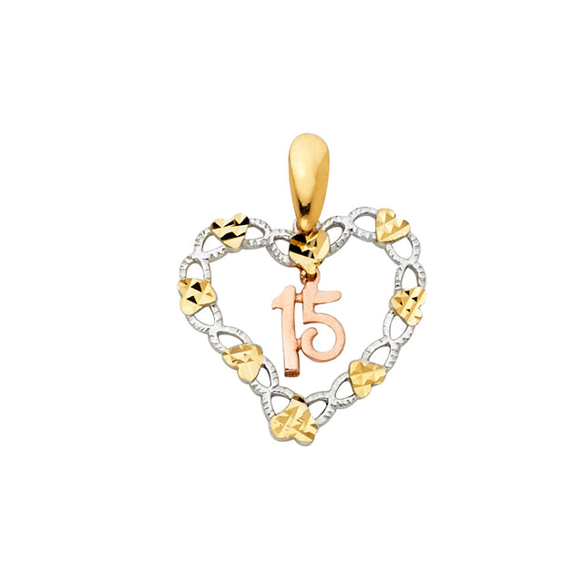 14K Tricolor Gold 15 Years Heart Pendant