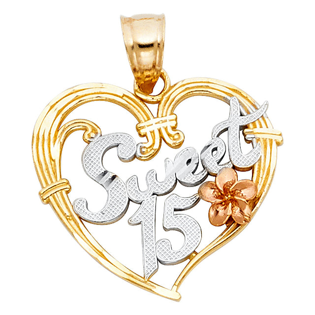 14K Tricolor Gold 15 Years Heart Pendant