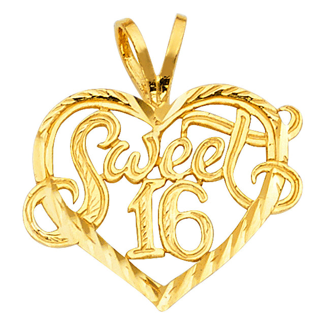 14K Yellow Gold Sweet 16 Heart Pendant on White Background