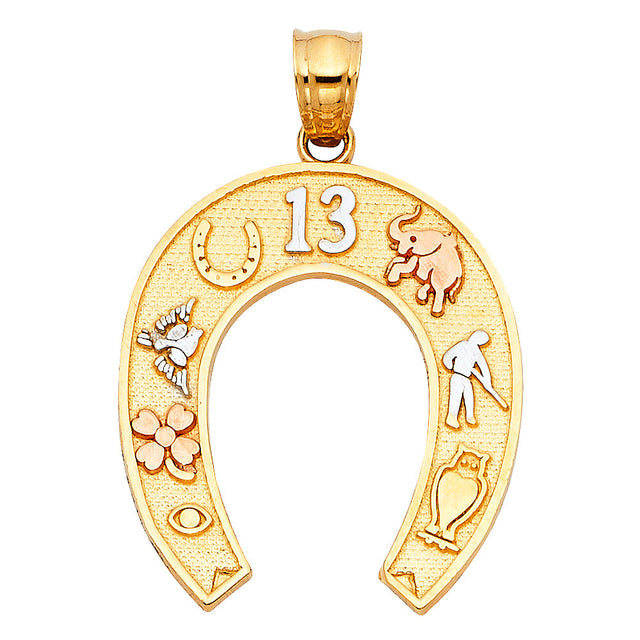 14K Tricolor Gold Lucky 13 Horseshoe Pendant on White Background
