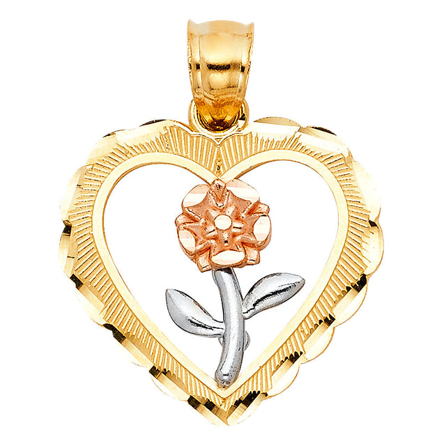 14K Tricolor Gold Heart with Rose Pendant on White Background