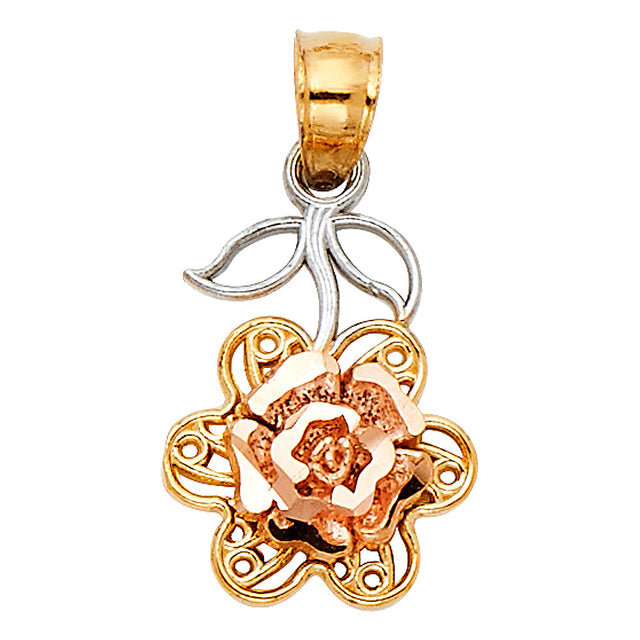 14K Two-Tone Gold Rose Blossom Pendant on White Background