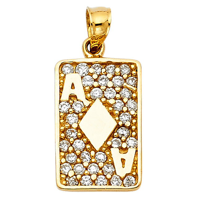 14K Yellow Gold Ace Playing Card Pendant on White Background