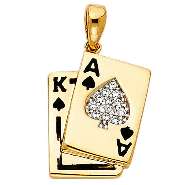 14K Yellow Gold Four Aces Playing Cards Pendant on White Background