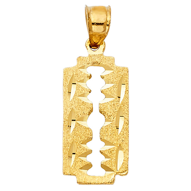 14K Yellow Gold Razor Blade Pendant on White Background