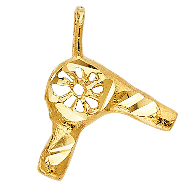 14K Yellow Gold Hair Dryer Pendant on White Background