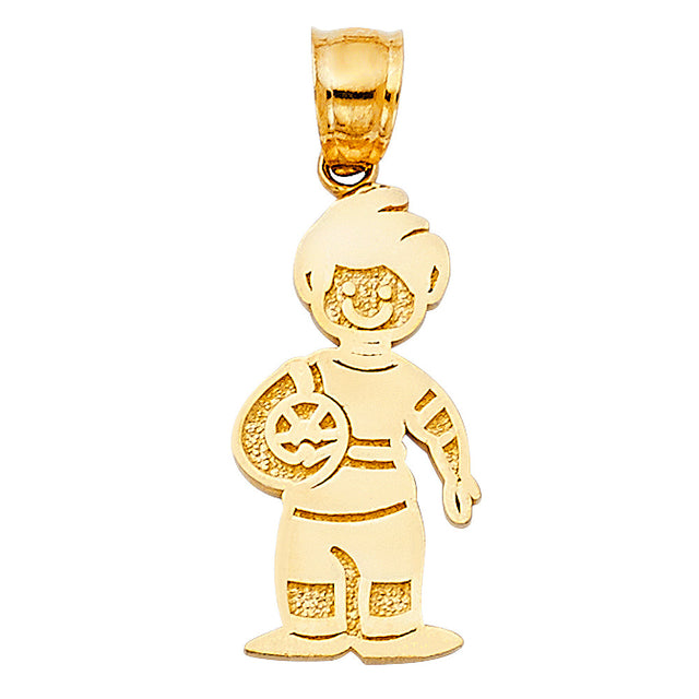 14K Yellow Gold Boy with Ball Pendant on White Background