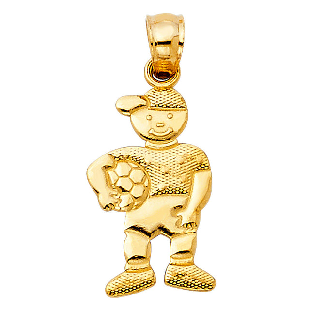 14K Yellow Gold Boy with Soccer Ball Pendant on White Background