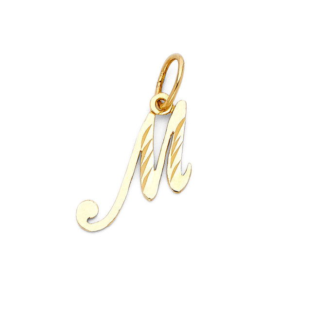 14K Yellow Gold Script Initial Pendant on White Background