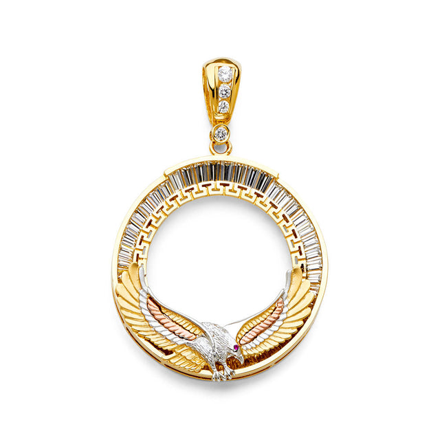 14K Yellow Gold Eagle Coin Frame Pendant on White Background