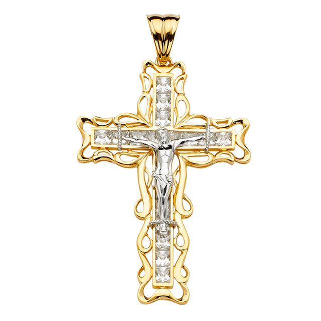14K Yellow Gold CZ 2Tone Crucifix Cross Pendant