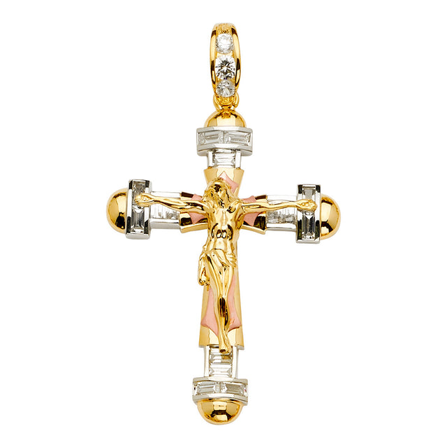 14K Yellow Gold CZ 3Color Crucifix Cross Pendant