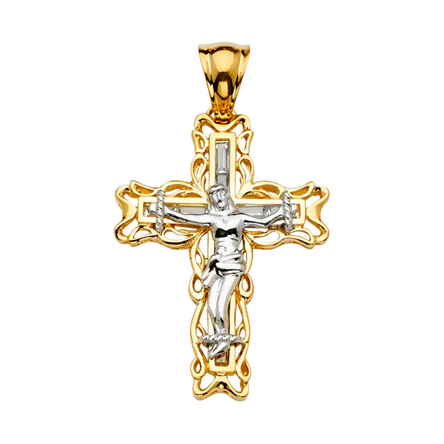 14K Yellow Gold CZ 2Tone Crucifix Cross Pendant