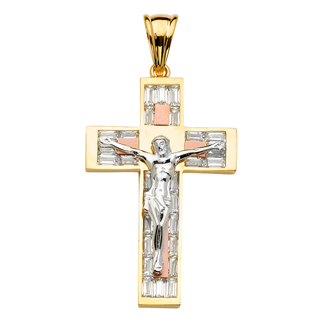 14K Yellow Gold CZ 3Color Crucifix Cross Pendant