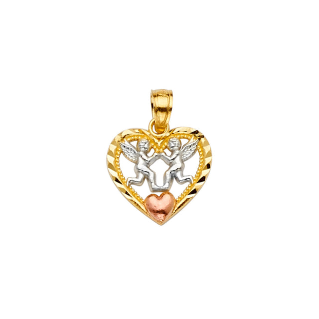 14K Tricolor Gold Heart W/Angeles Pendant