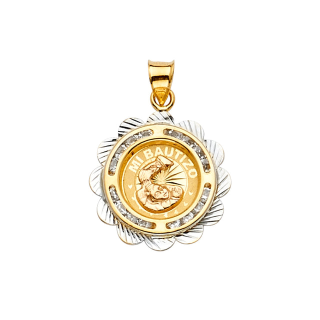 14K Yellow Gold CZ 2Tone Baptism Medal Pendant