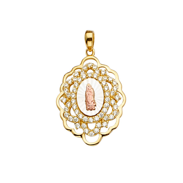 14K Tricolor Gold CZ Guadalupe Medal Pendant