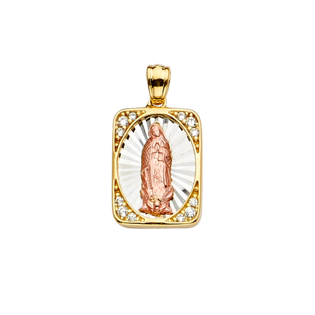 14K Tricolor Gold CZ Guadalupe Medal Pendant