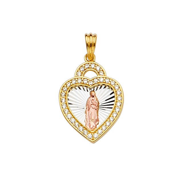 14K Tricolor Gold CZ Guadalupe Medal Pendant