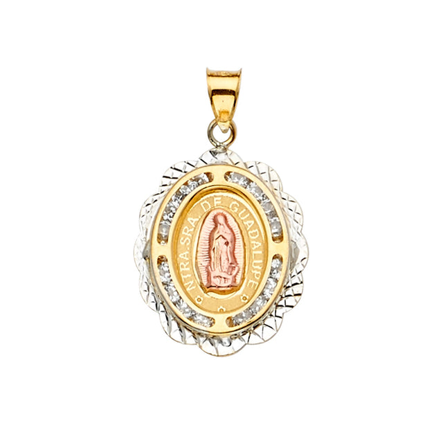 14K Yellow Gold CZ 3Color Guadalupe Medal Pendant