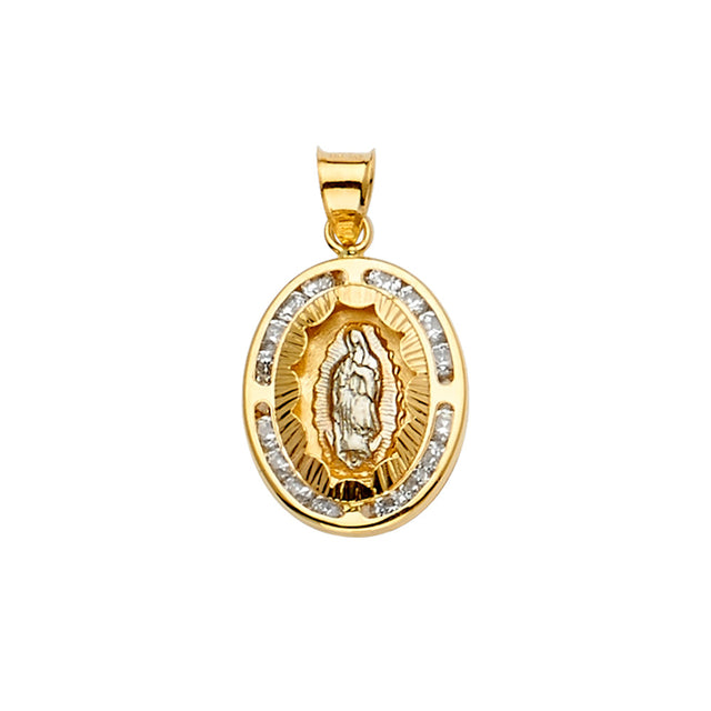 14K Yellow Gold CZ 3Color Guadalupe Medal Pendant