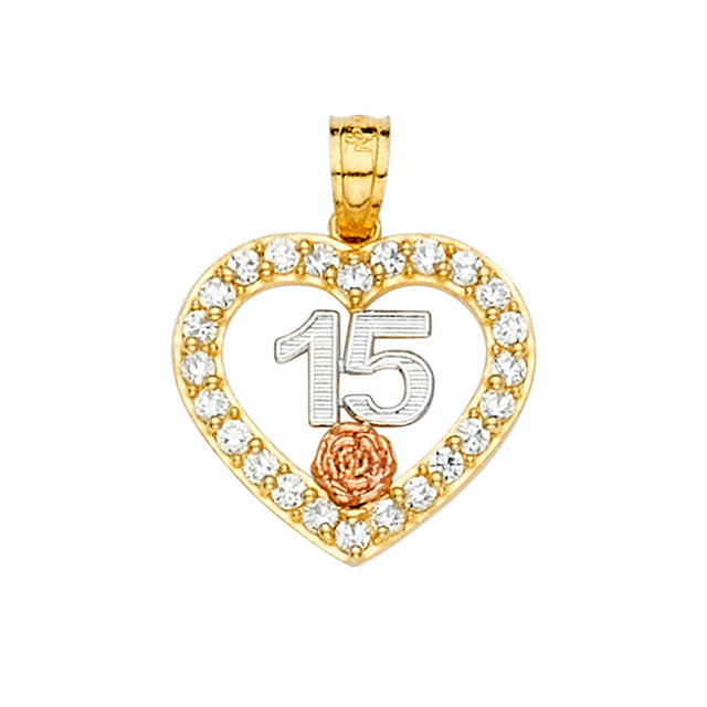 14K Tricolor Gold CZ 15 Years Pendant