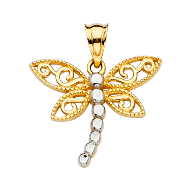 14K Two-Tone Gold Filigree Dragonfly Pendant